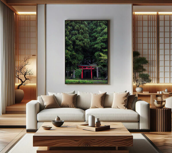 vue d'un salon avec une photo encadrée d'une porte torii japonaise devant une forêt