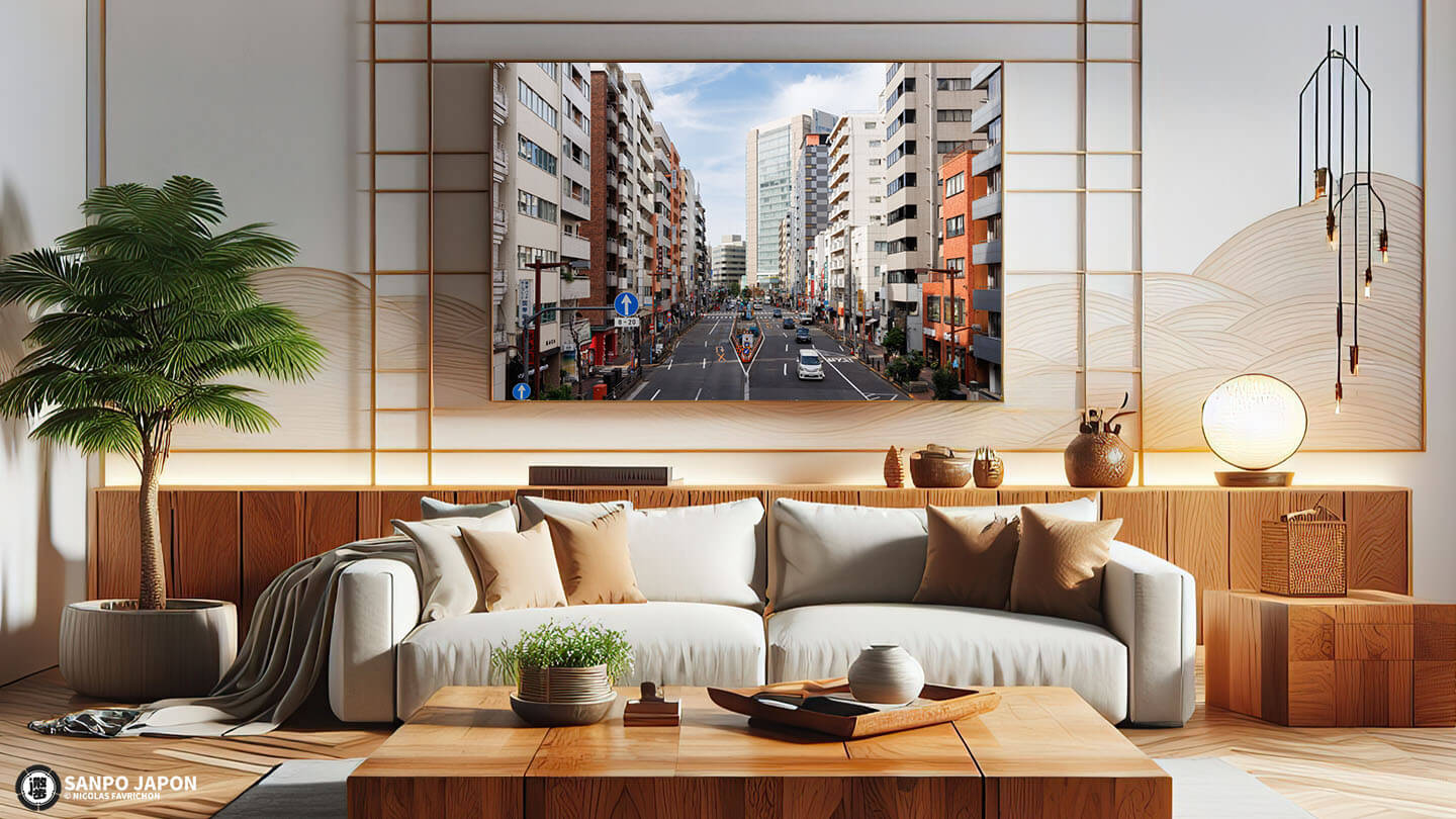 salon avec au mur une photo d'une rue du quartier de chiyoda à tokyo au japon